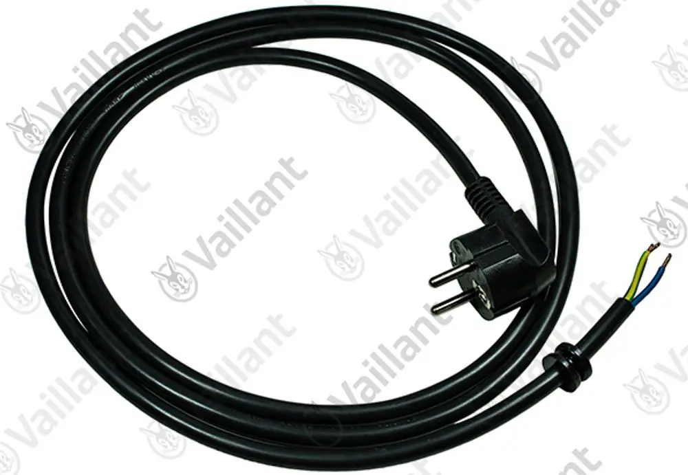 Schwarzes Anschlusskabel mit einem Stecker und drei herausführenden Drähten. Die Marke Vaillant ist deutlich sichtbar.